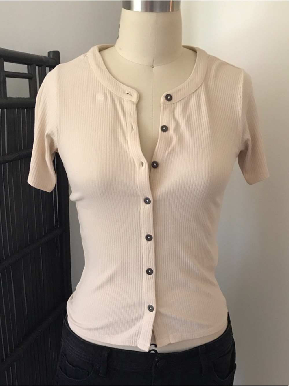 RVCA Ribbed Button-Front Short Sleeve Top in Cream